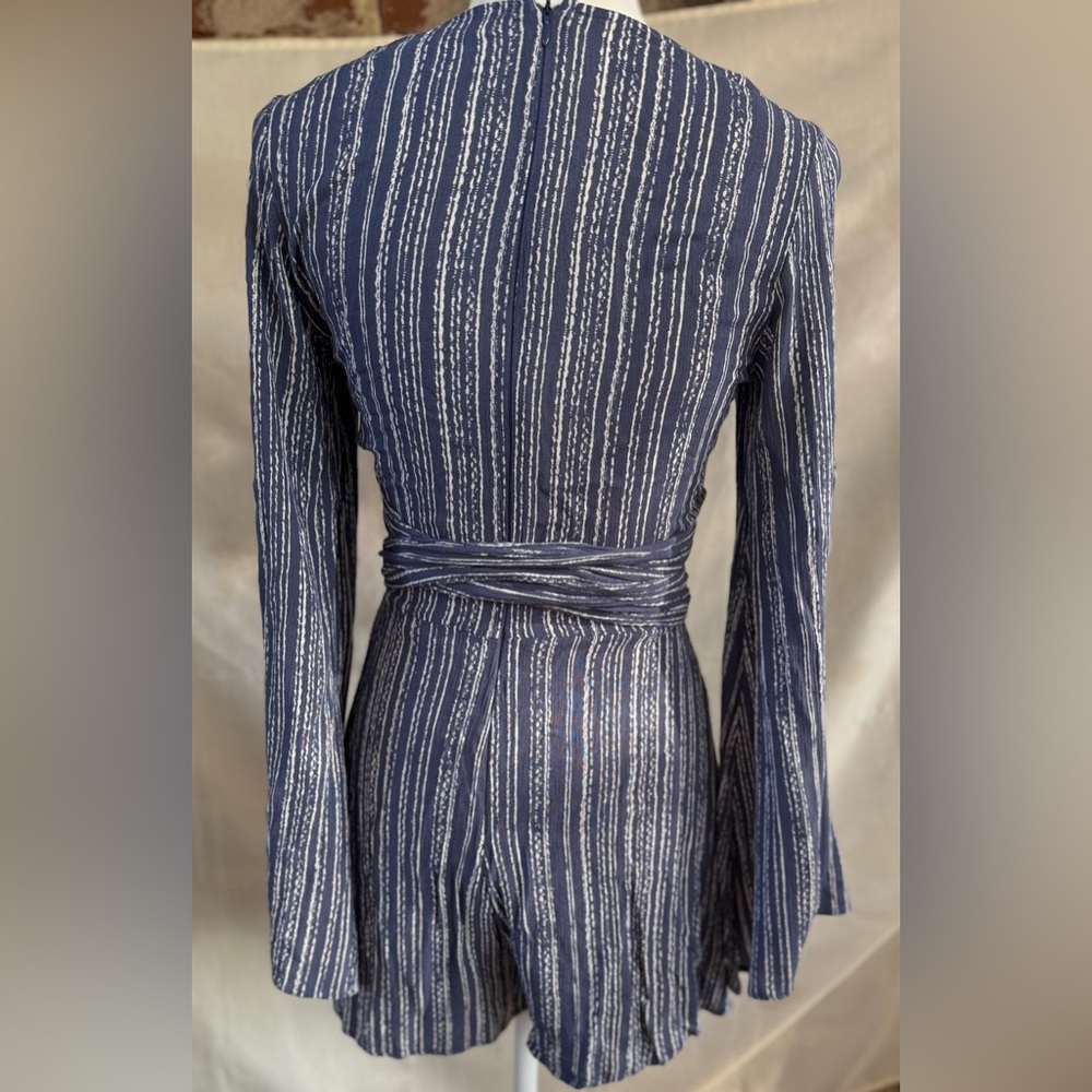 Striped Blue Wrap Romper Euc - image 3